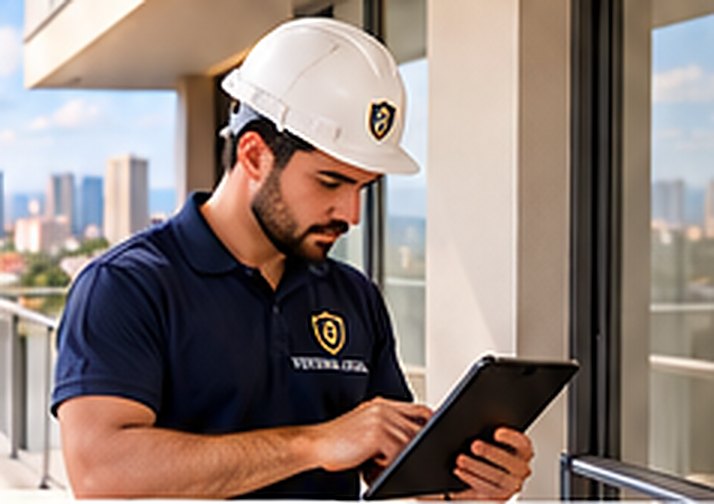 Profissional de capacete conferindo o imóvel com tablet