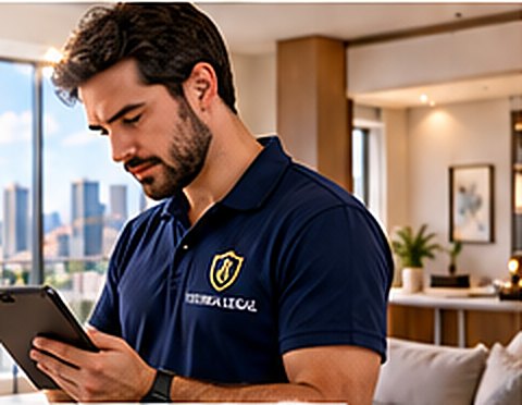 Vistoriador com tablet registrando o estado de um apartamento (imagem ilustrativa)