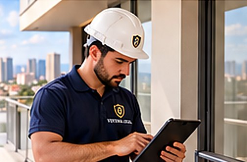 Vistoriador de capacete conferindo apartamento novo com tablet (imagem ilustrativa)
