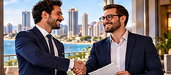 Dois profissionais apertando as mãos em escritório com vista para o mar (imagem ilustrativa)