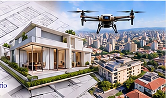 Casa sobre plantas técnicas com drone sobrevoando a cidade (imagem ilustrativa)